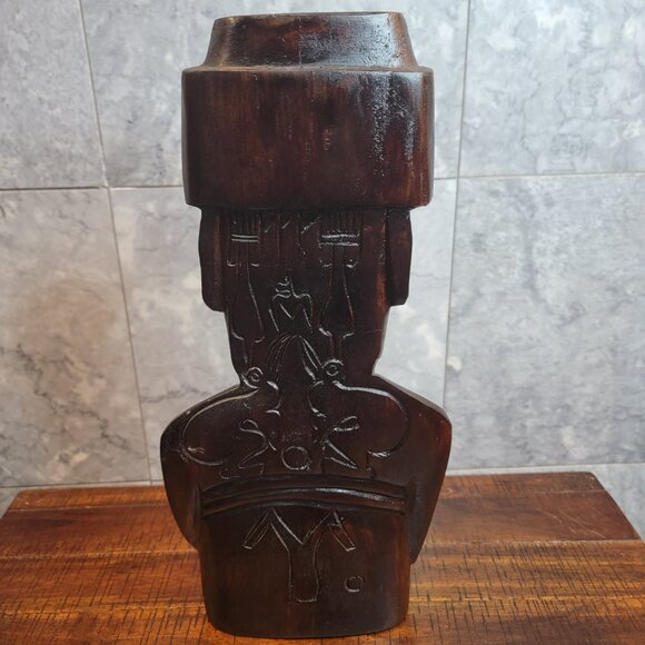 Easter Island, Rapa Nui, Hand-Carved Wooden Moai 15" , with Glyphs on Back - Picture 4 of 8
